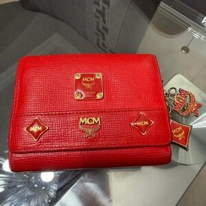 MCM Scarlet Leather Wallet with Gold Details